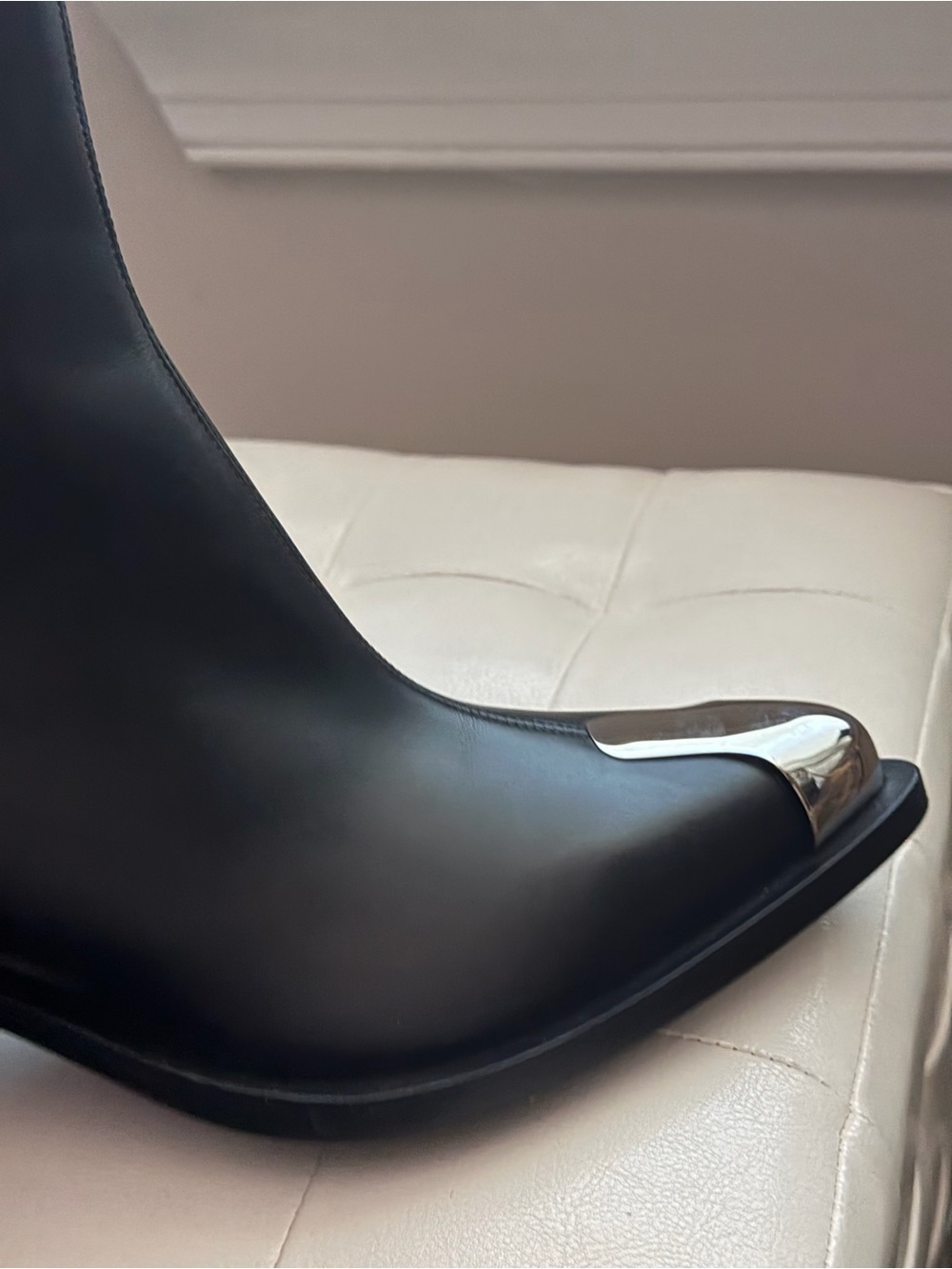Alexander McQueen Black Leather Ankle Boot with Metallic Silver Toe - Picture 9 of 11